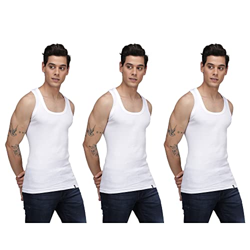 sporto Men's Super Combed Cotton White Derby Vest (Pack of 3) | Extra-Stretch Derby Ribbed Fabric - XL