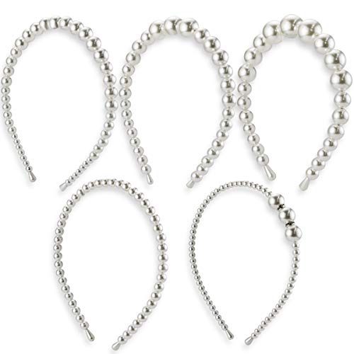 Oopsu 5 Pcs Artifical Pearls Headbands, White Faux Pearl Hairbands Hair Hoop Party Wedding Hair Accessories(5 Styles)