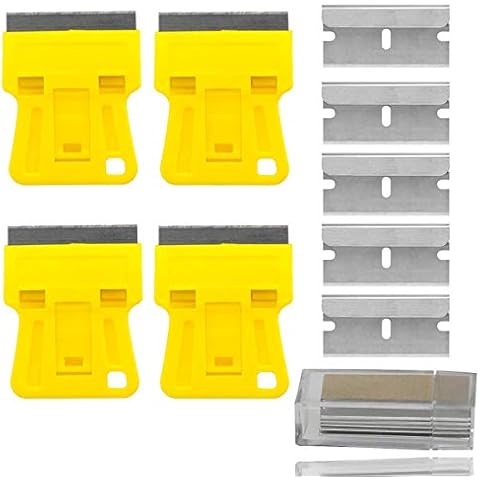 WEKOIL Mini Plastic Razor Blade Scraper High Visibility Bright Yellow Window Scraper Paint Scraper with 5 Spare Metal Razor Scraper Blades Stove Top Scraper Scraping Sticker Decal Residue Label Cover