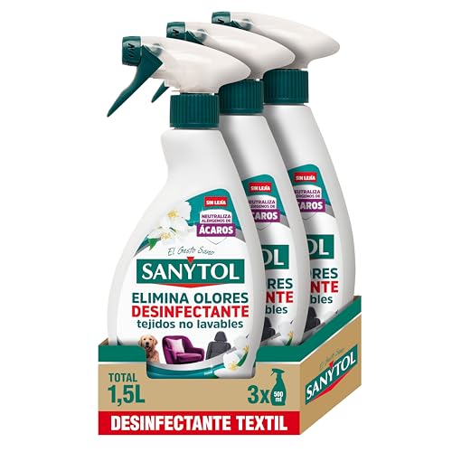 Sanytol – Spray Elimina Olores Desinfectante para Textiles, Elimina Malos Olores Persistentes y Neutraliza Alérgenos, Sin Lejía - Pack de 3 x 500 ml = 1,5L