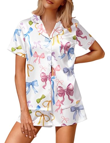 Image of Ekouaer Silk Satin Pajamas 2 Piece Pajamas for Women Set Button Down PJ Short Sleeve and Shorts Pjs Lounge Sets