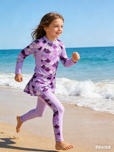 Image of Girls Long Sleeve Rashguard Half Zip Swimsuits UPF 50+ Two Piece Swim Sets with Hairband 5-12Y | Two Piece Swim Sets with Hairband