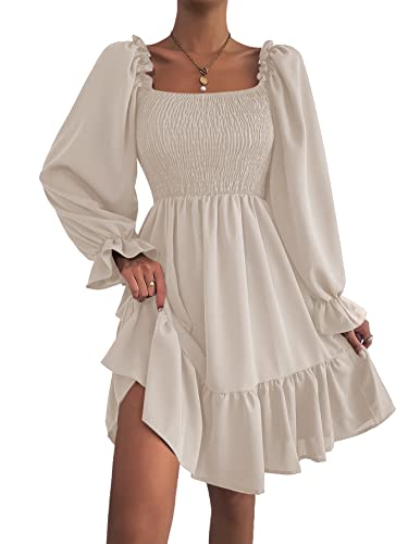 LYANER-Womens-Square-Neck-Lantern-Long-Sleeve-Ruffle-Shirred-Flowy-Party-Mini-Dress