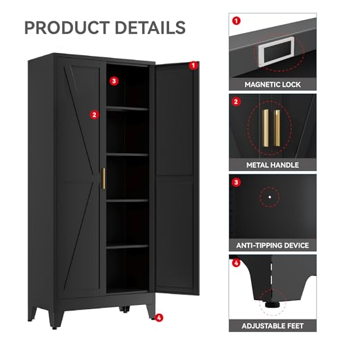 Image of Farmhouse Pantry Cabinet with Barn Doors, 71 inch H x 31.5 inch W, 5-Tier Metal Storage Cabinet with 4 Adjustable Shelves for Kitchen Garage Dining Room, Black 1 Pack