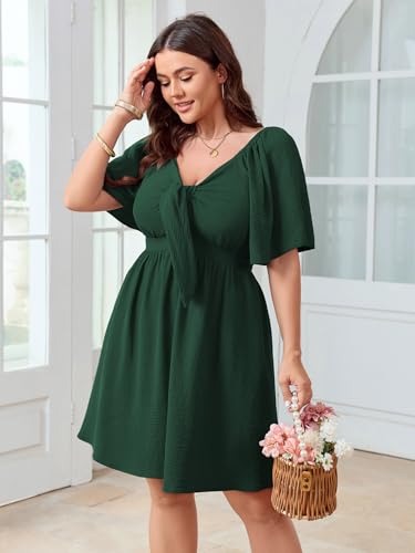 Image of SCOMCHIC Womens Plus Size Summer Dresses Short Sleeve Bow Tie Deep V Neck Elegant Smocked Flowy A Line Mini Dress