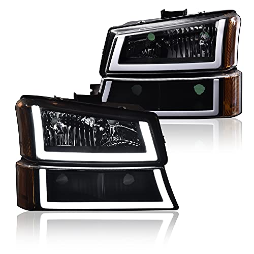 CNNELL Upgraded Headlight Assembly LED DRL Compatible with 2003 2004 2005 2006 Chevy Avalanche/2003-2007 Silverado 1500 2500 3500 1500HD 2500HD(Clear lens Black Housing Amber Reflector)