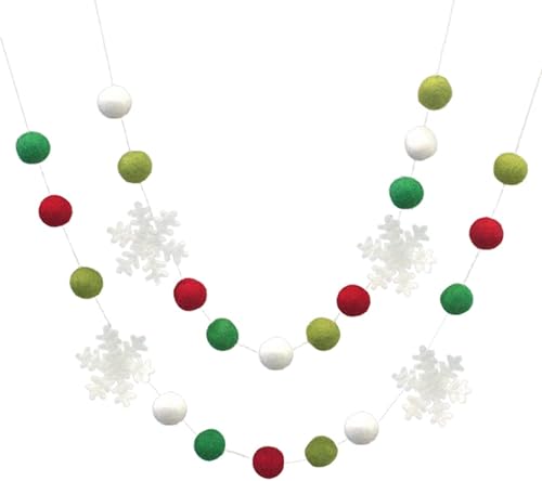 Snowflake & Felt Ball Garland- Red, Lime, Kelly Green, Off White- Christmas Holiday Winter- 1" (2.5 cm) Wool Felt Balls