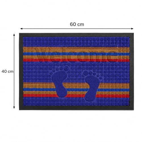 Image of DecorTwist PVC Door Mat 60x40 cm | Heavy Duty Indoor Outdoor Entrance Mat | Anti-Slip Rubber Back | Waterproof Dust & Dirt (Style 2 [ Blue Stripe Design ], PVC Door Mat 60 * 40 cm, Pack of 2)