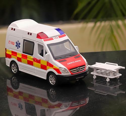 Image of 1:32 Scale Die-Cast Mercedess Ambulance Emergency Rescue Toy, Light and Siren Sound Effects, Pull-Back Action, Openable Doors and Rear Hatch for Kids (Ambulance), Red