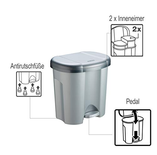 Rotho Abfalleimer Duo, Mülleimer mit zwei Abfallbehältern zum Mülltrennen, 2 x 10 l, Mülltrenner mit Trittfunktion, geruchsdichtes Verschließen, 39 x 32 x 40.5 cm (LxBxH), grau metallic / dunkelsilber by Rotho - Image 4