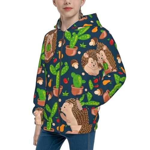 Cute Hedgehogs Cactus Blue Kids Pullover Hoodies Boys Zip Up Sweatshirts Girls Athletic Clothes with Pocket
