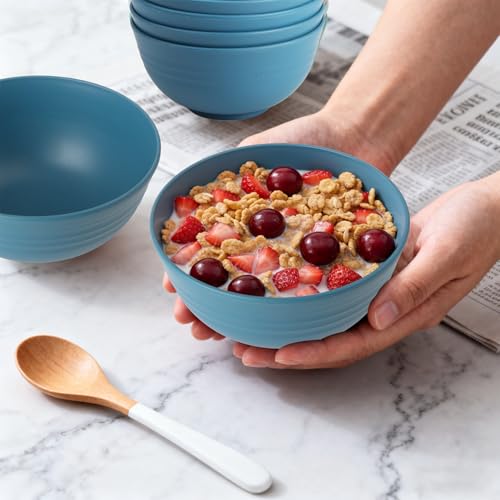 Image of 26 OZ Wheat Straw Bowls Set of 6, Reusable Plastic Kitchen Bowls, Unbreakable Bowls Set for Cereal, Salad, Snack, Soup, Ideal for Indoor & Outdoor, Microwave & Dishwasher Safe, Blue