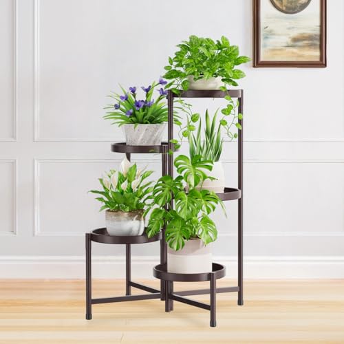 Image of iDavosic.ly 5 Tier Large Plant Stand Indoor, 10 Inch Wide Tall Corner Metal Plant Stands Outdoor for Multiple Plants, Folding Tiered Flower Display Holder Rack Shelf, Violet Bronze