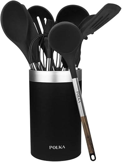 Cecotec Polka Excellence Force Silicone Kitchen Utensils Set of 9 Pieces Black Soft Touch Coated and Wood Effect Handle Materials: Silicone, Nylon and PP Includes Polka Holder