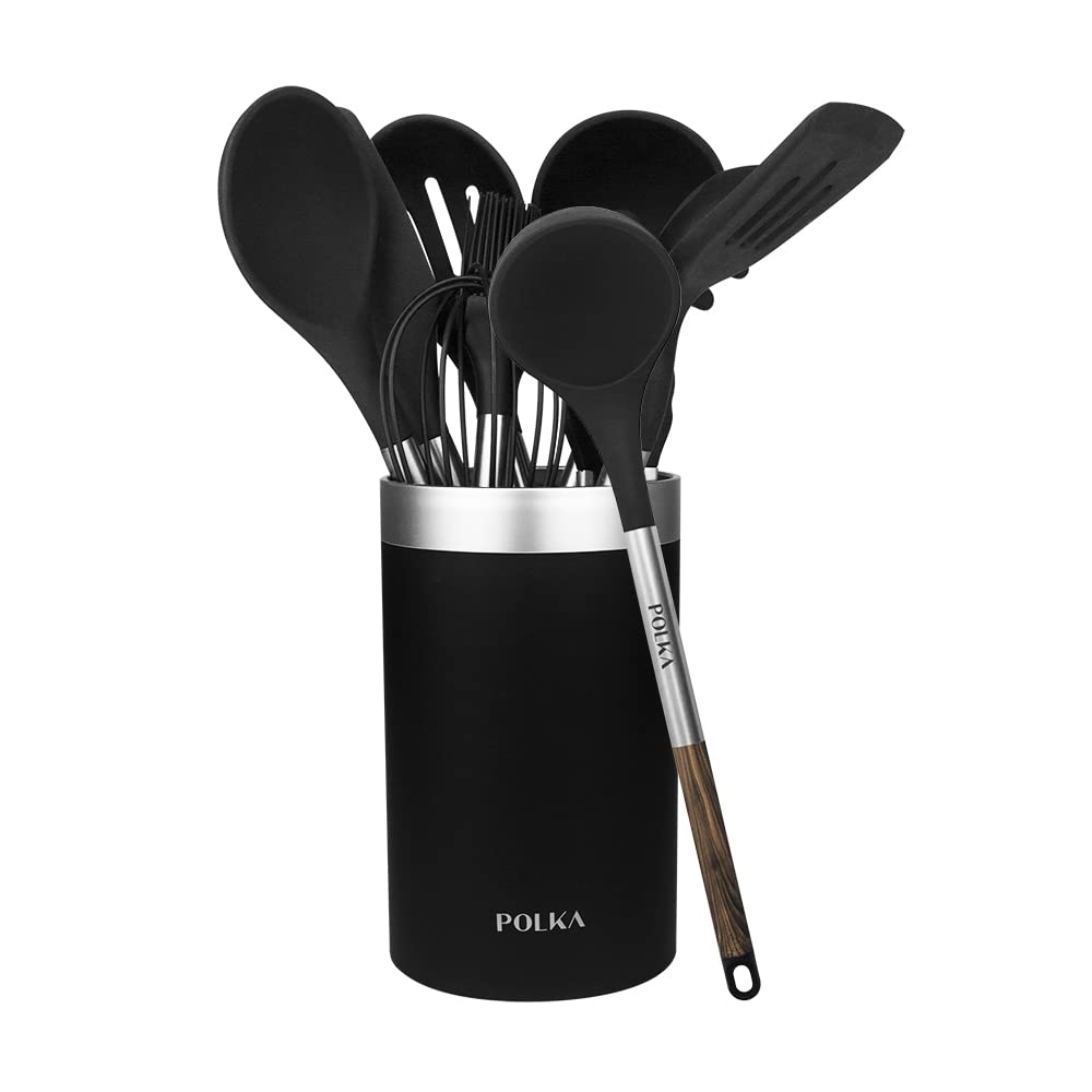 Cecotec Polka Excellence Force Silicone Kitchen Utensils Set of 9 Black, Soft Touch Coated and Wooden Effect Handle, Materials: Silicone, Nylon and PP, Includes Polka Holder