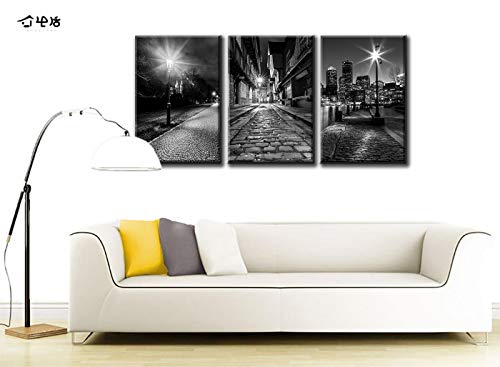 Canvas Wall Art Boston - Black And White Modern Panoramic City Night View Skyline Cityscape Historic Center Prague Street Lights Close-Up Picture Painting For Bedroom Living Room Home Decor Framed #TOP1