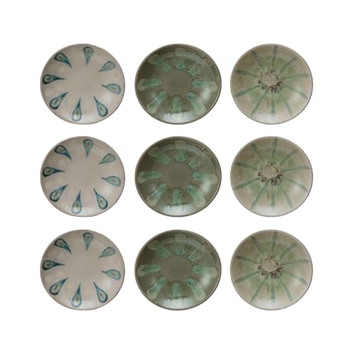 Creative Co-Op DF9759SET Geometric Harmony Stoneware Low Bowls, Green And Blue, Set Of 3 cover