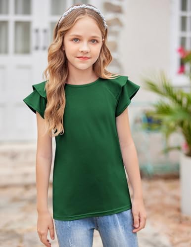 Image of Girls T Shirts Ruffle Short Sleeve Round Neck Loose Blouse Summer Solid Color Casual Girl Tee Tops for 3-12 Years