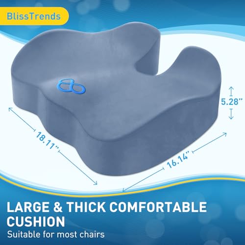Image of BlissTrends Seat Cushion,5.2in Thick Memory Foam Cushions for Office Chair, Car Seat, Airplane, Relieving Pressure Tailbone Sciatica Back Pain for Long Sitting Office Workers, Car Drivers LightBlue