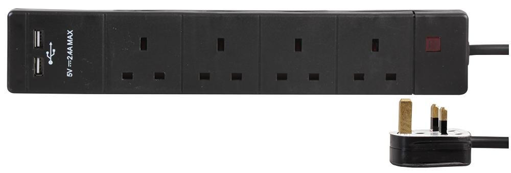 Rozszerzenie 4-drożne z 2 USB, czarne 3 m, listwy zasilające elektryczne, ilość x 1