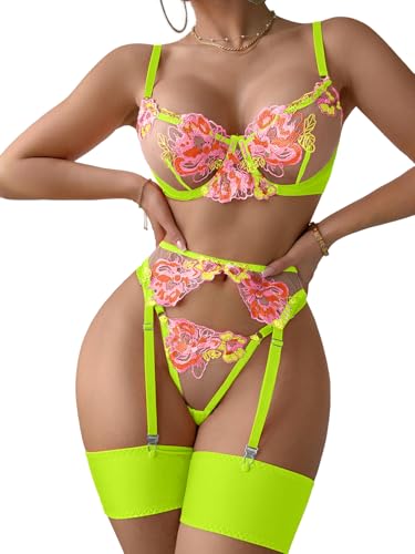 Image of Lilosy Sexy Leaf Floral Embroidered Mesh Sheer Women Underwire Push Up Lingerie Set