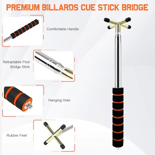 PCKOBEVER Billards Cue Stick Bridge,Retractable Snooker Cue Stick Bridge With Brass Bridge Head,Snooker Pool Rest Stick Pool Cue Holder Billiard Cue Accessories (Gold Bridge + One Brass Head) - Image 2