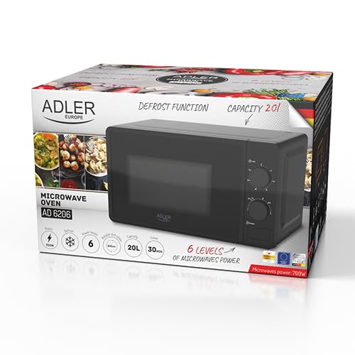 ADLER EUROPE AD 6206 Mikrowellenherd - 20L Kapazität, 700W Leistung, 6 Leistungsstufen, Auftaufunktion, Mechanische Steuerung, LED-Innenbeleuchtung, Schwarz