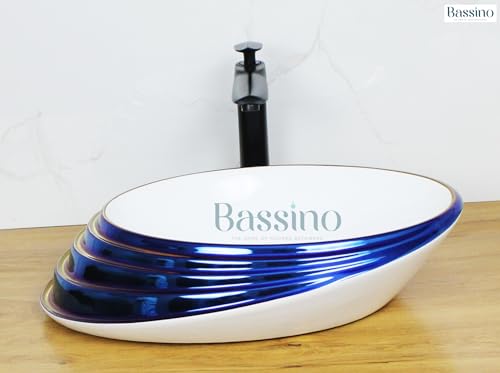 Image of BASSINO Art Wash Basin Counter top, Small Tabletop Ceramic Bathroom Sink /Basin (520 x 380 x 150 mm) (BLUE GLOSSY)