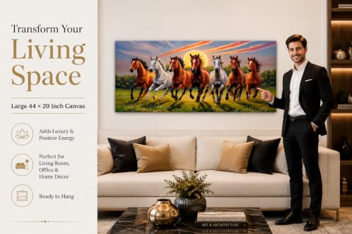 Image of 7 Horse Vastu Sunrise Canvas Painting | Positive Energy Wall Decor | Big Size Premium Running Horses Artwork for Home, Office & Hall Decoration (Modern, Brown Horse, 44x20 Inch)