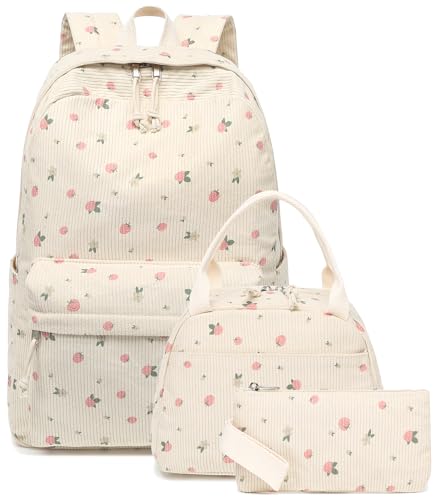 BTOOP Mochilas escolares para meninas adolescentes, mochila leve para crianças, conjunto de mochilas escolares com lancheira, estojo de lápis, Bege morango, Medium, Leve