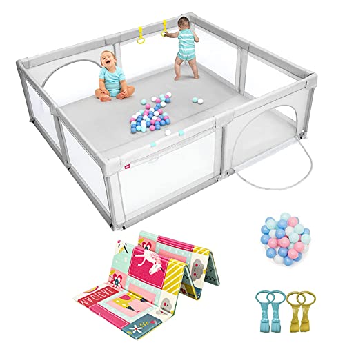 COSTWAY 206 x 186cm Baby Laufstall mit Matratze, Laufgitter mit 50 Spielbällen & atmungsaktivem Netz, Krabbelgitter mit 2 Türen, Laufgitterzelt für Säuglinge & Kinder(Grau, Rosa Matratze)