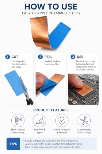 Image of ART IFACT 6 Pieces of Self Adhesive Copper pad with Double Sided Thermal Tape, High Performance Heatsink Copper with 30.0 W /mk Thermal Conductivity for CPU, RAM, Mobile, Camera- Size 100 x 20mm