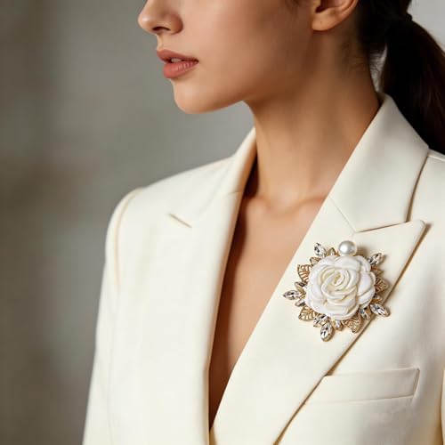 Image of Rose Flower Brooch for Women Large Flower Brooch Elegant Pearl Brooches Handmade Crystal Pearl Pins Fabric Floral Lapel Pin Christmas Valentine's Day Dress Suit Accessories