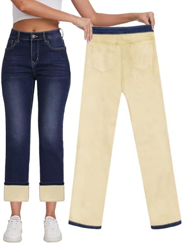 KDF Fleece Lined Jeans Women Flannel Lined Jeans Straight Leg Jeans for Women Winter Fleece Lined Pants Navy Blue Size 6