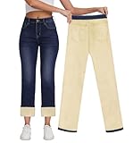 KDF Fleece Lined Jeans Women Flannel Lined Jeans Straight Leg Jeans for Women Winter Fleece Lined Pants Navy Blue Size 8
