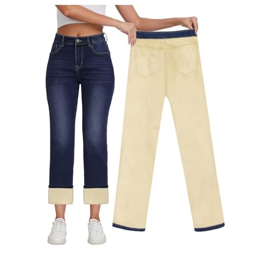 KDF Jeans feminino forrado com lã feminina cintura alta perna reta calça jeans forrada com lã de inverno, Azul marinho (forrado com lã), 46