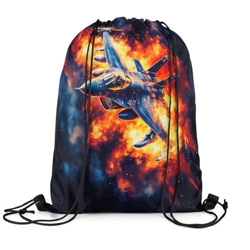 Castle Fairy Aircraft Drawstring Backpack Bags,Military 3D Airplane Gym String Sackpack Bag,Modern Fighter Plane Waterproof Cinch Bag 13"x16"3