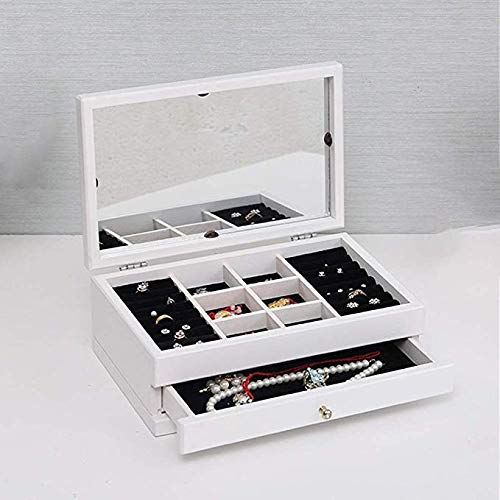 Boîte à bijoux bois anti-tassement avec tiroirs et miroir blanc protecteur