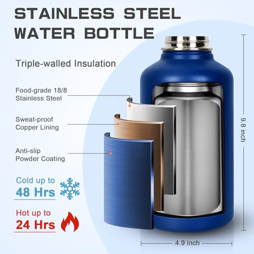 Image of GAZLEMHO Insulated Water Bottle 64 oz, Half Gallon Water Jug Cold 48H, BPA Free Stainless Steel Bottles with Straw /Chug 2-in-1 Lid, Bag, Paracord Handle, Silicone Boot, Sports Gym School Metal Flask