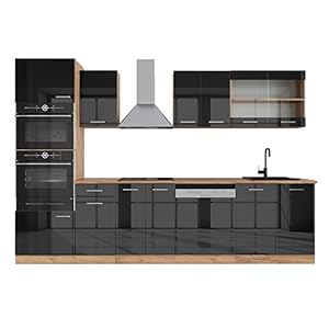 Vicco Complete keukeneenheid “R-Line”, Antraciet hoogglans/goud eiken, 300 cm met hoge kast, zonder werkblad