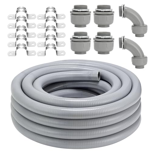 Liquid-Tight Conduit Connector Kit,Flexible Non Metallic Liquid Tight Electrical Conduit Kit,Waterproof Outdoor Electrical Conduit Pipe,Straight/Angle Fittings,Clamps (1-1/4 in x 50 ft)