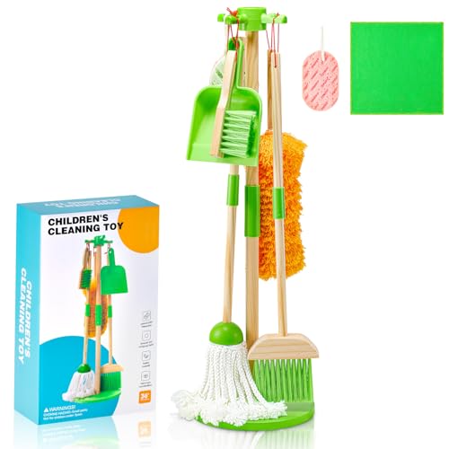 Image of WHOHOLL Wooden Kids Cleaning Set Toddler Broom Set for Housekeeping 8 Pcs Broom and Mop Set for Toddlers 3-6, Cleaning Toys with Dustpan Sponge, Christmas Birthday Gifts for Boys Girls (Green)