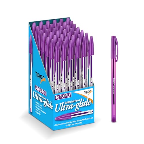 Lotus Pack of 50 Coloured Ink Medium Point Nib Ultra Glide Smooth Ink Precision Ballpoint Pens (Purple 50 Pack)