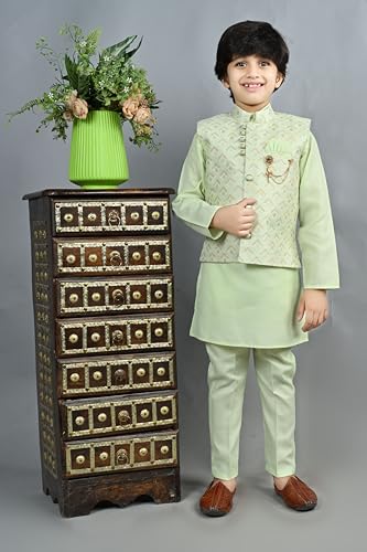 Image of AHHAAAA Kids Ethnic Cotton Blend Waistcoat Kurta and Pyjama Set for Boys