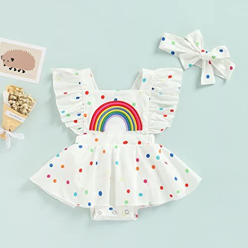 Sdghg LZM-02BOTW-8UF7NA3 Infant Baby Girl Rainbow Romper Dress Ruffle Sleeve Polka Dot Backless Jumpsuit One Piece Summer Outfit thumb #5
