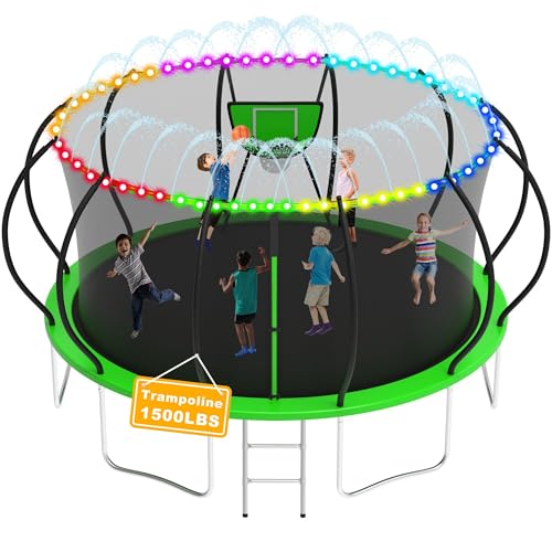 1500LBS Tranpoline Outdoor 8 10 12 14 16FT Tranpoline for Kids and Adults,【Easy to Install & Built to Last】 Recreational Tranpolines with Net, Light+Sprinkler, Basketball Hoop, ASTM Approved
