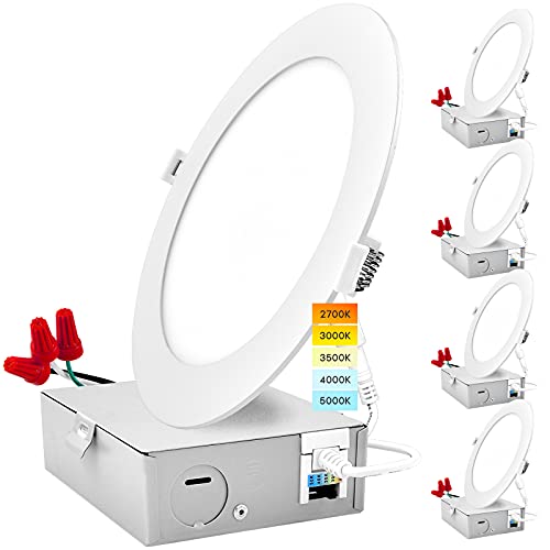 Luxrite Paquete de 4 luces LED ultrafinas de 8 pulgadas con caja J, 18 W, 5 opciones de color 2700 K | 3000 K | 3500 K | 4000 K | 5000 K, luz de oblea regulable, 1500 lúmenes, Energy Star, IC nominal Cover