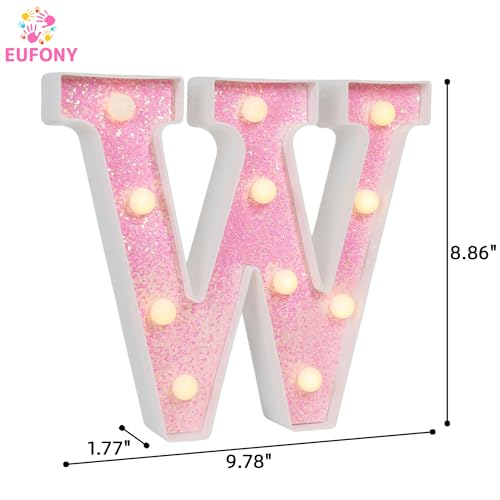 Image of Pink Glitter Marquee Light Up Letters, Battery Operated LED Letter Lights Signs for Pink Birthday Party Table Decorations, Wall Decor for Girls Bedroom, Initial Letter W with Warm White Lights
