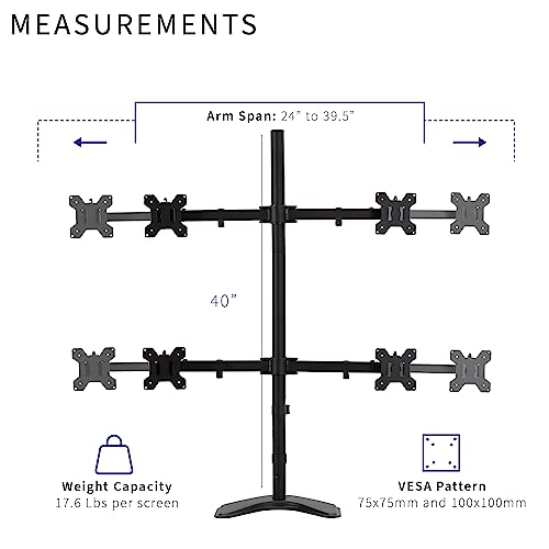 Image of VIVO Premium Quad Ultra Wide LCD LED 27 to 38 inch Monitor Desk Stand, Free-Standing Base, Extra Tall Pole, Adjustable Telescoping Arms, Flush Wall Setup, Fits 4 Screens, Black, STAND-TS38B-4