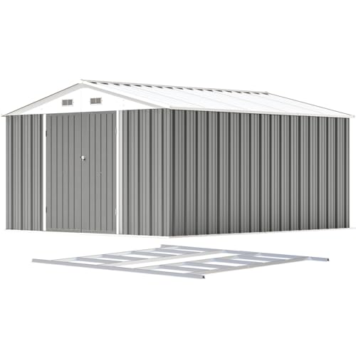 Image of Patiowell 10 x 12 FT Metal Storage Shed for Outdoor with Floor Frame, Steel Yard Shed with Design of Lockable Doors, Utility and Tool Storage for Garden, Backyard, Patio, Outside use, Grey